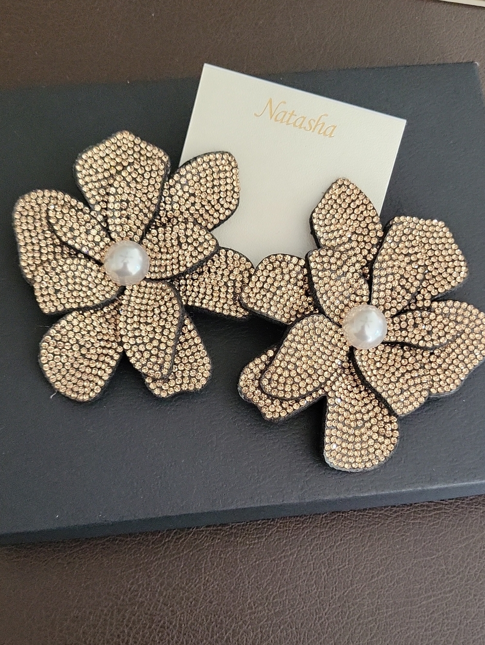 Natasha Couture Rose Gold Crystal Flower Earrings with Pearl Centers